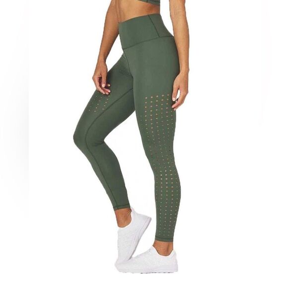 GLYDER Optical High Waisted Leggings Perforated Dots 7/8 Leggings Moss Green XS - Picture 6 of 9